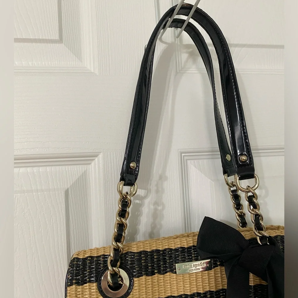 kate spade Black and Tan Striped Straw Tote with Black Bow